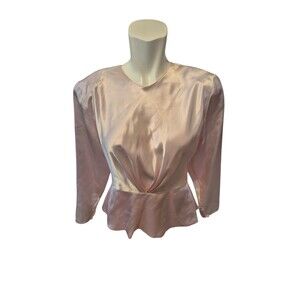 Tess Vintage 80s 90s Satin Peplum Blouse Pleated Detail Pink sz XS/S